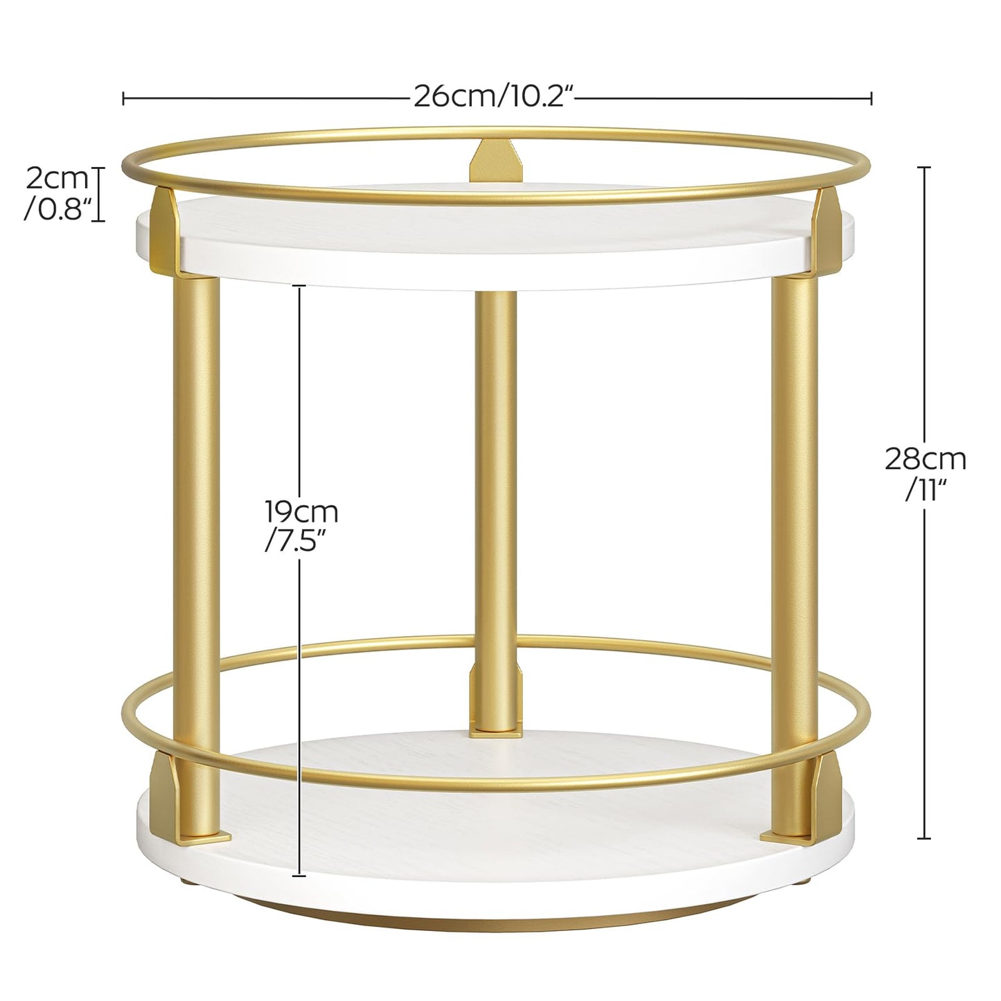 YATINEY Lazy Susan Organizer, Rotating Spice Rack, 2 Tier Spice Turntable Organizer, Industrial Turntable Spice Holder, for Kitchen Countertop and Cabinet, Compact and Versatile, White and Gold SR22DW