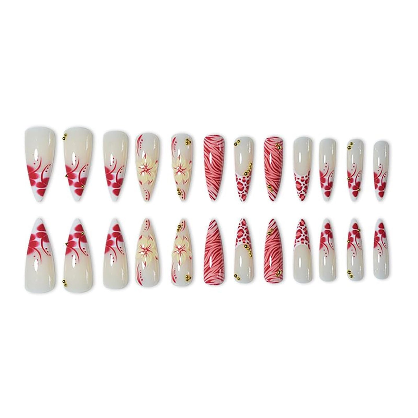 RUOKEXIN Long Almond Press on Nails French Tip Fake Nails Stiletto False Nails with 3D Flower Designs Acrylic Nail Press ons Sparkly Artificial Nails for Women 24Pcs