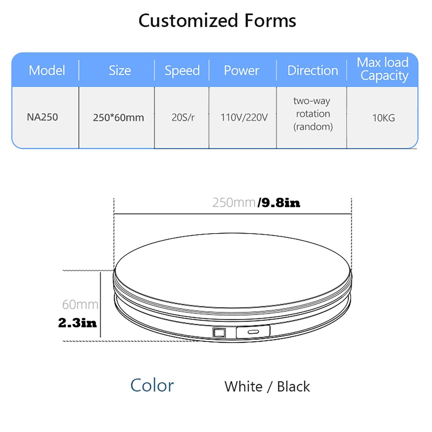 YVV Rotating Display Stand 9.84 Inch, 360° Motorized Turntable Display, USB Powered Spinning Display Platform for Product Photography, Jewelry, Shoes, 22 lbs Load, Black Electric Display Base