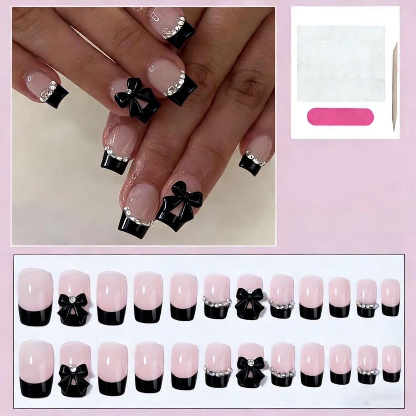 French Tip Press on Nails Short Square Fake Nails with Rhinestone Designs Black French Tip False Nails - Bow Full Cover Glossy Stick on Nails Black Reusable Acrylic Nails for Women