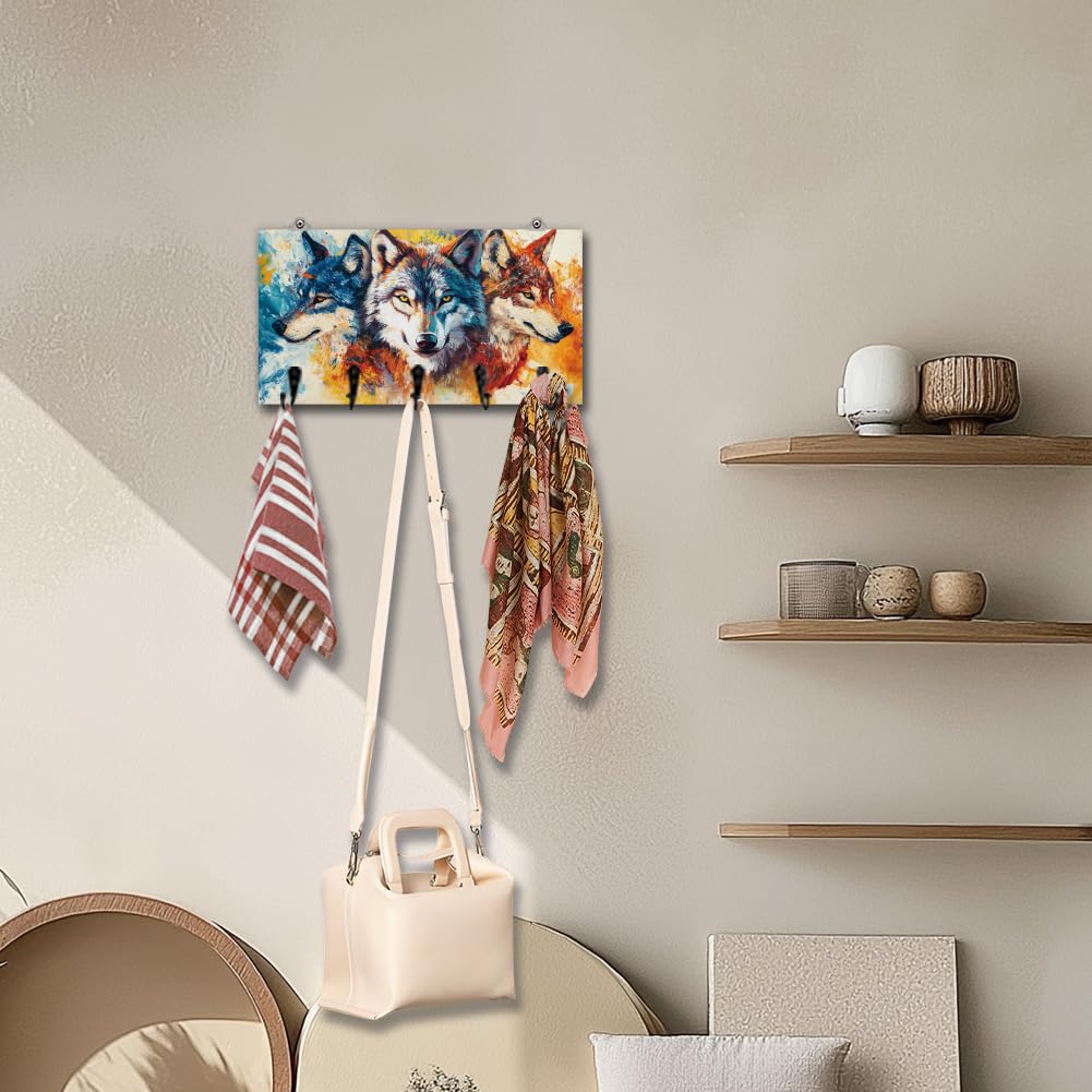 DELORIGIN Wolf Key Holder Wall Mounted Wooden Keys Racks Storage Organizer Hanger with 5 Key Hooks House Keys Holder for Wall Decor Door Entryway Hallway Kitchen New Home Gift