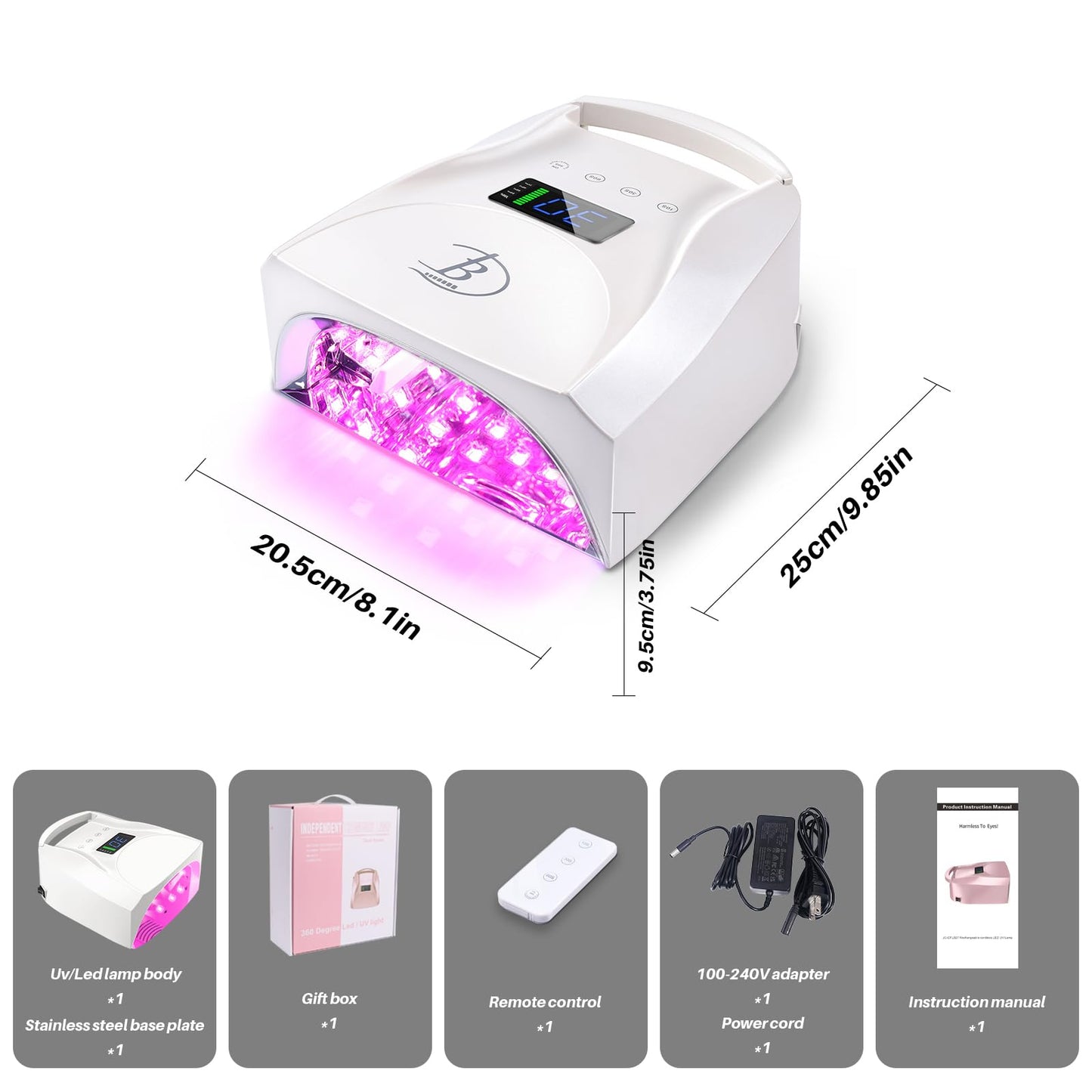 BIDUO 96W Cordless Nail Lamp, Pearl White Nail Dryer with Remote Control,Auto Sensor,Reflective Magnetic Bottom,Cooling Fan & 4 Timer,Rechargeable Professional LED UV Light for Nails Gel Polish