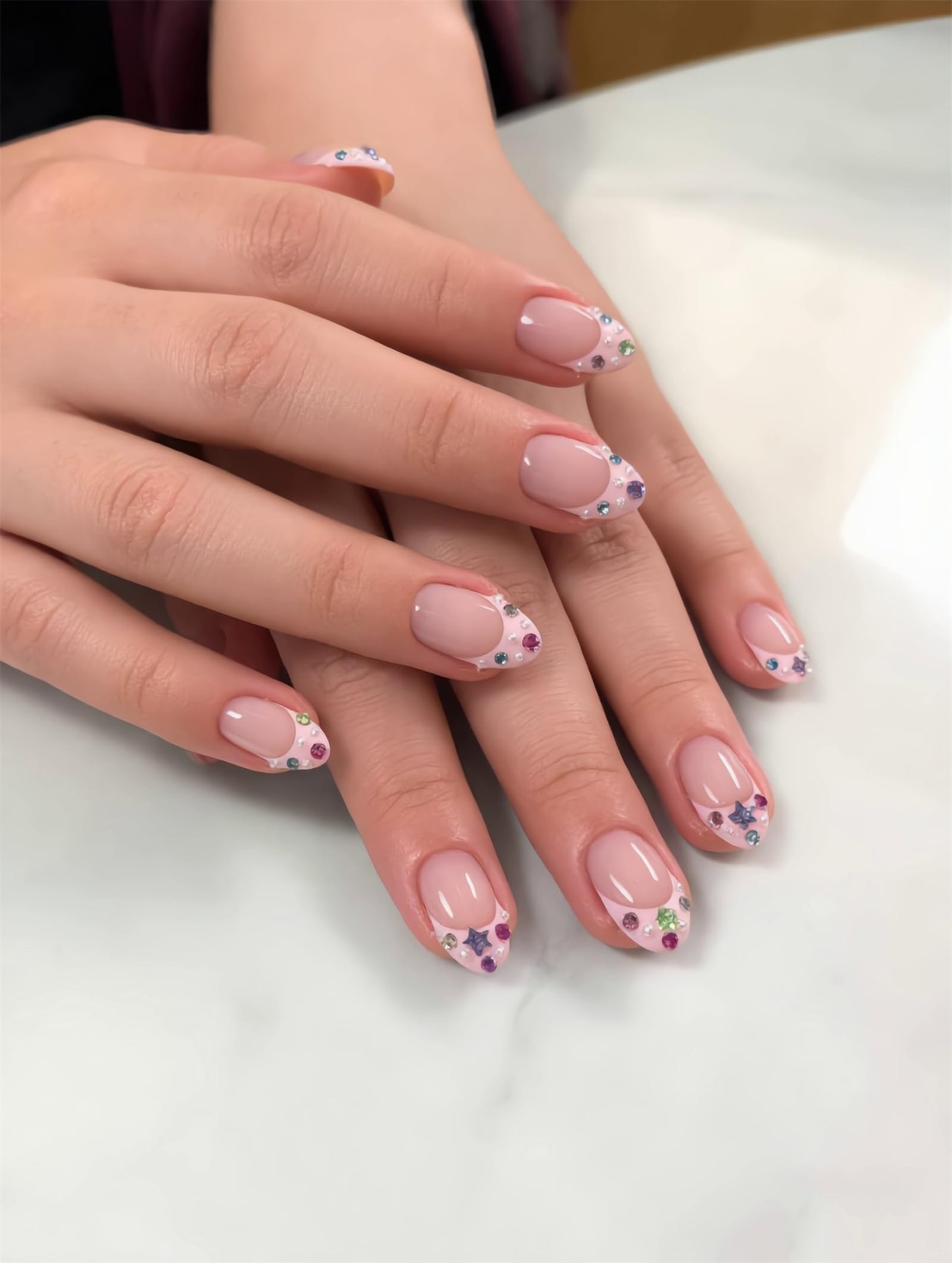 Press On Nails, French Tip Short Pointed Almond Fake Nails with UV Finish, 12 Sizes Quality False Nails, 24Pcs Reusable Press-On Manicure Set with Nail Glue for Women Pattern #04