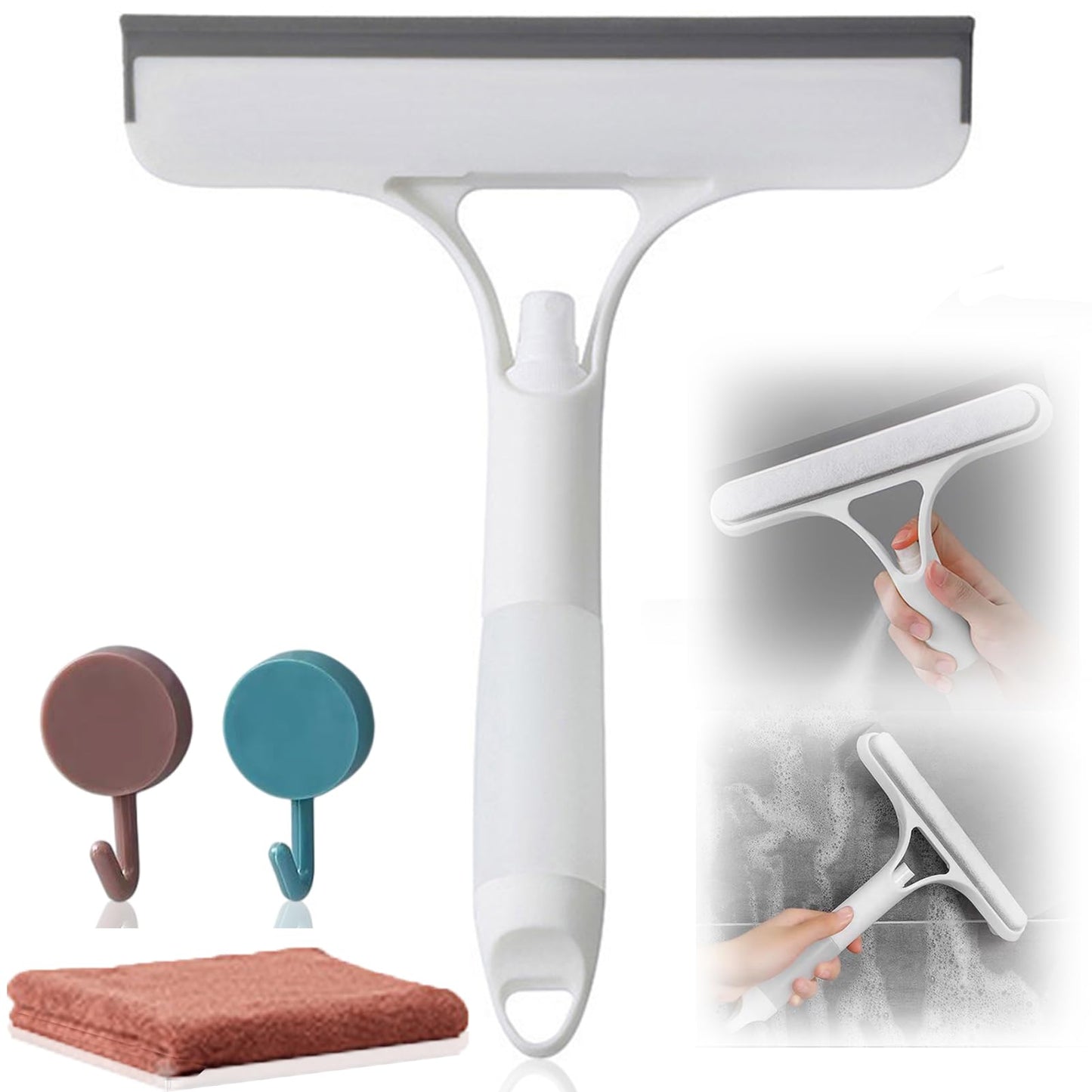 3 in 1 Window Squeegee, Cleaning Scraper with Scrubber Sponge Sprayer Clean Kit for Glass, Tile Walls, Shower Door, Car, Bathroom Cleaner (White)