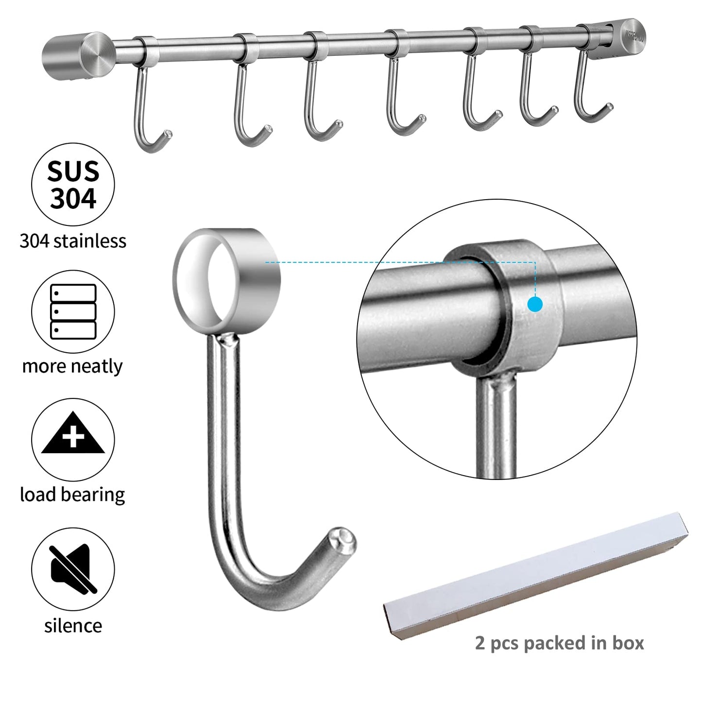 Pot Hangers 2 Pack - 16 Inch Wall Mount Or Under Cabinet Hanging Bars With 7 Sliding Hooks Per Rods, Heavy Duty Pot Rack Kitchen Organizer 304 Stainless Steel Utensil Hanger Versatile Space Saving