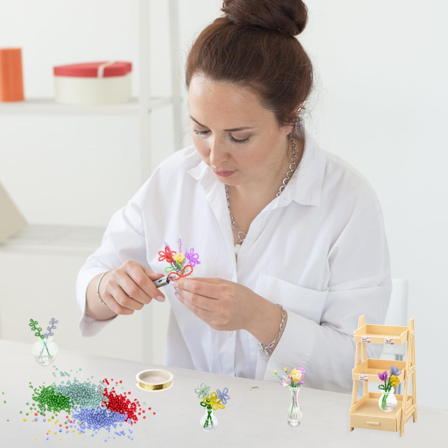 Beaded Plant Kit for Beginners: DIY Home Decor with Mini Vase Stand & Video Tutorial - Stress-Relieving Craft for Adult, Desk Decoration, Birthday Gift for Women