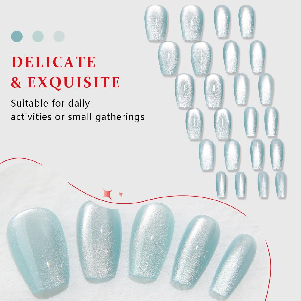 evpct Cat Eye Coffin Press on Nails Medium Square No Glue, Stick on Nails Medium Square for Women, Teal Light Blue Green Metallic Glitter Glossy Reusable Stick Acrylic Fake Press on Nail with Designs