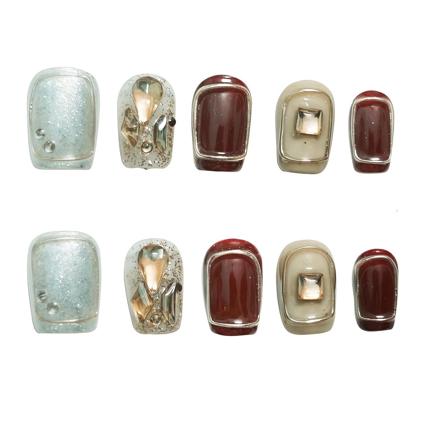 Tesytto Handmade 3D Press On Nails Short Coffin,New Year Valentine False Nails Burgundy Silver Glitter with Geometric Line Art & Hand-Set Rhinestones - 10Pcs Luxury Design (Fiery Red Lips,S)