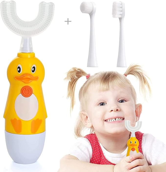 Kids U-Shaped Electric Toothbrush, Automatic Massage Toothbrush with U-Type, Cartoon Modeling Toothbrush with Three Types of Brush Heads,Battery Operated,Small for 2-6 Years,Yellow,1 Pack