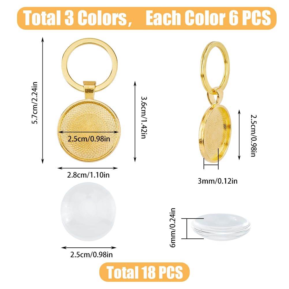 DICOSMETIC 18 Sets 3 Colors Keychain Pendant Tray Alloy Blanks Cabochon Settings and Glass Cabochons DIY Blank Dome Keychain Making Kit for Photo Resin Personalized Crafting