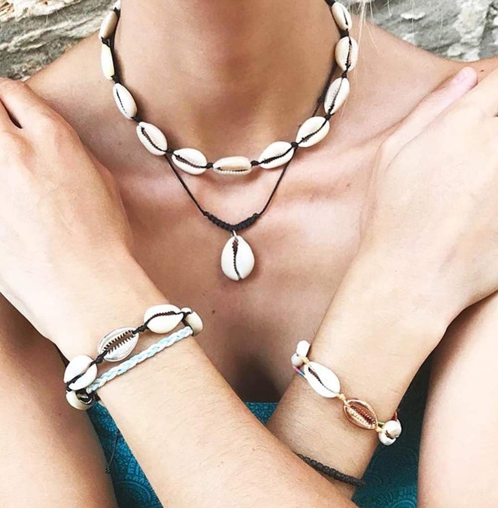 Nackiy Handmade Sea Shell Necklace for Women Summer Adjustable Natural Shell Collar Necklace(Beige Braided Rope)