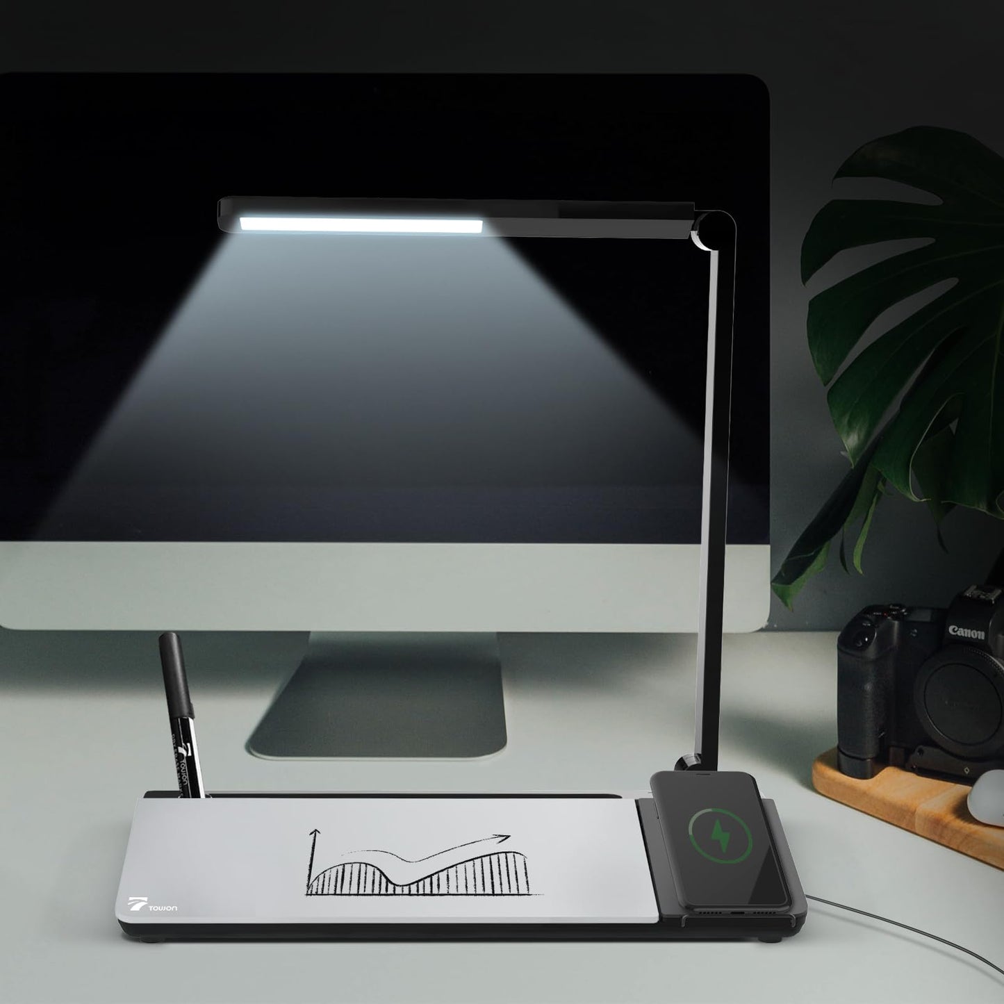 TOWON LED Desk Lamp with Charging Pad and Dry Erase Whiteboard - Adjustable 2 Level Light Touch Lamp, Eye-Caring Foldable Table Lamp with White Board Storage College Dorm Room Essentials, Black