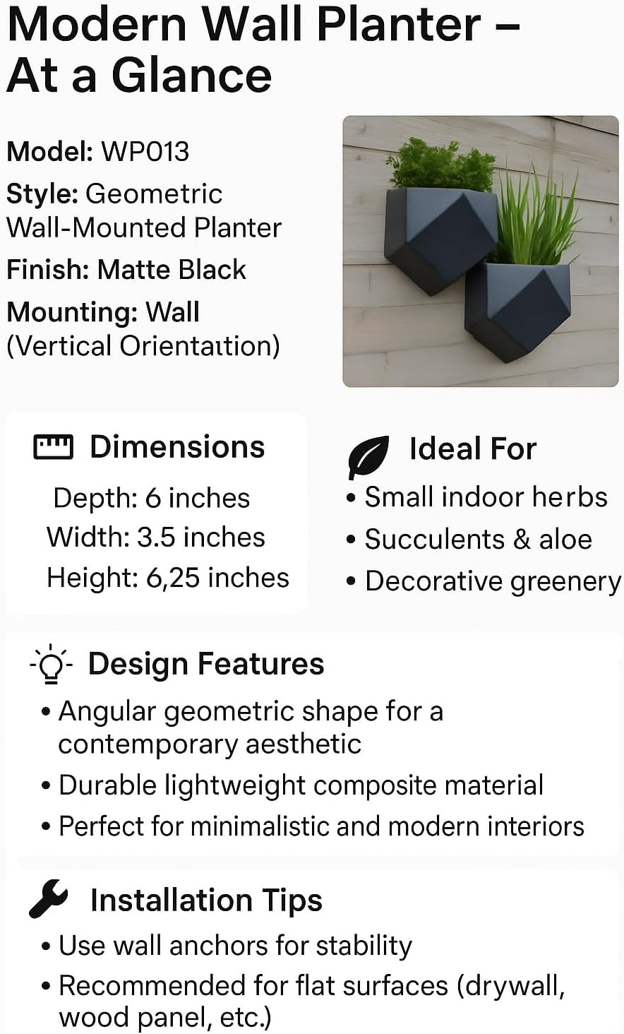Trius Wholesale Collective Vertical Garden Wall Planters – 2-Pack Modern Matte Black Geometric Pots for Indoor Plants, Wall Vase, Indoor and Outdoor Use 6"