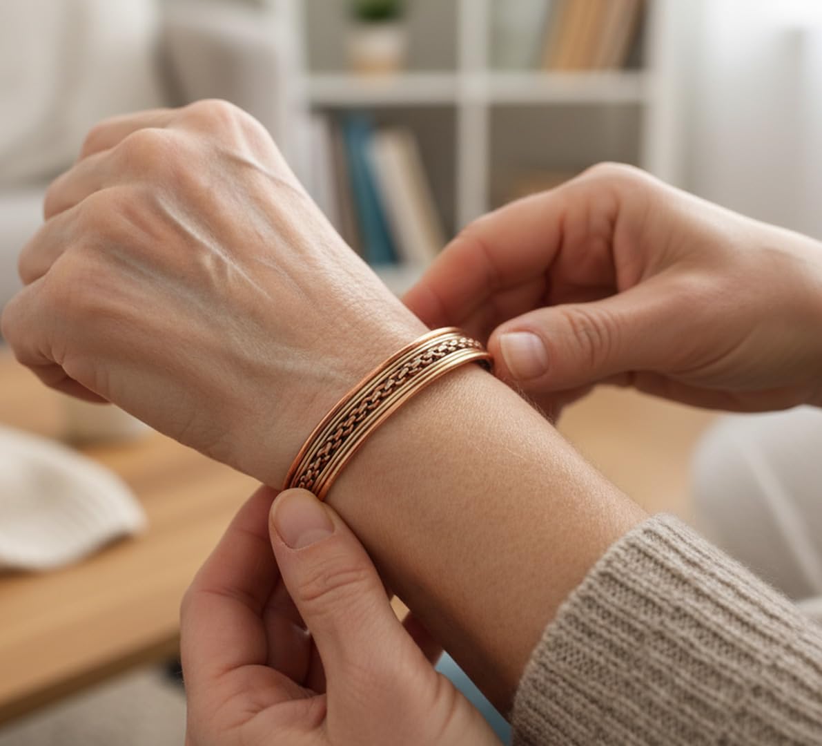 Touchstone Copper Magnetic Hand Forged With Solid And High Gauge Tibetan Style Chains Pattern Minimalistic Elegance Pure Copper Bracelet In Two Tones.