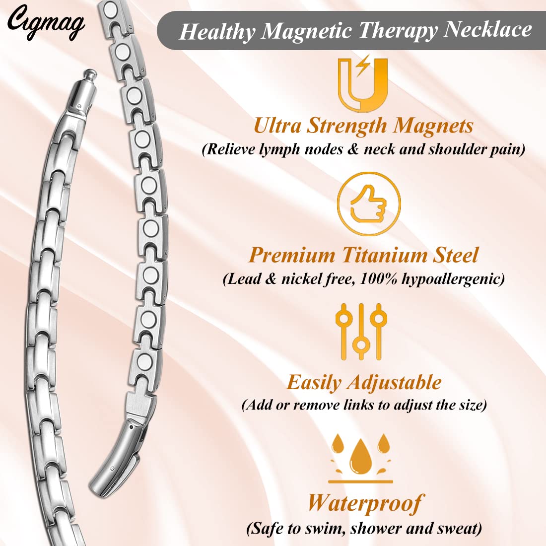 Cigmag Titanium Necklace for Men Women - Magnetic Necklace Stainless Steel Ultra Strength Magnets - with Adjustable Sizing Tool and Present Box