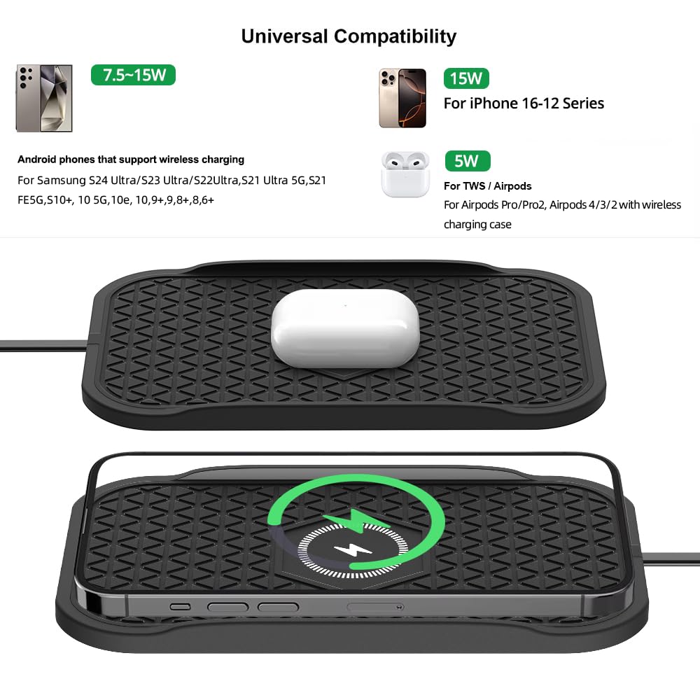 Wireless Car Charger Silicone Pad, for iPhone12/11 Pro/XS/XR/8/8Plus,15W Fast Car Wireless Charging Non-Slip Mat, for Samsung S21/S22/S23/S24/S25/Androids,80cm Cable, Black