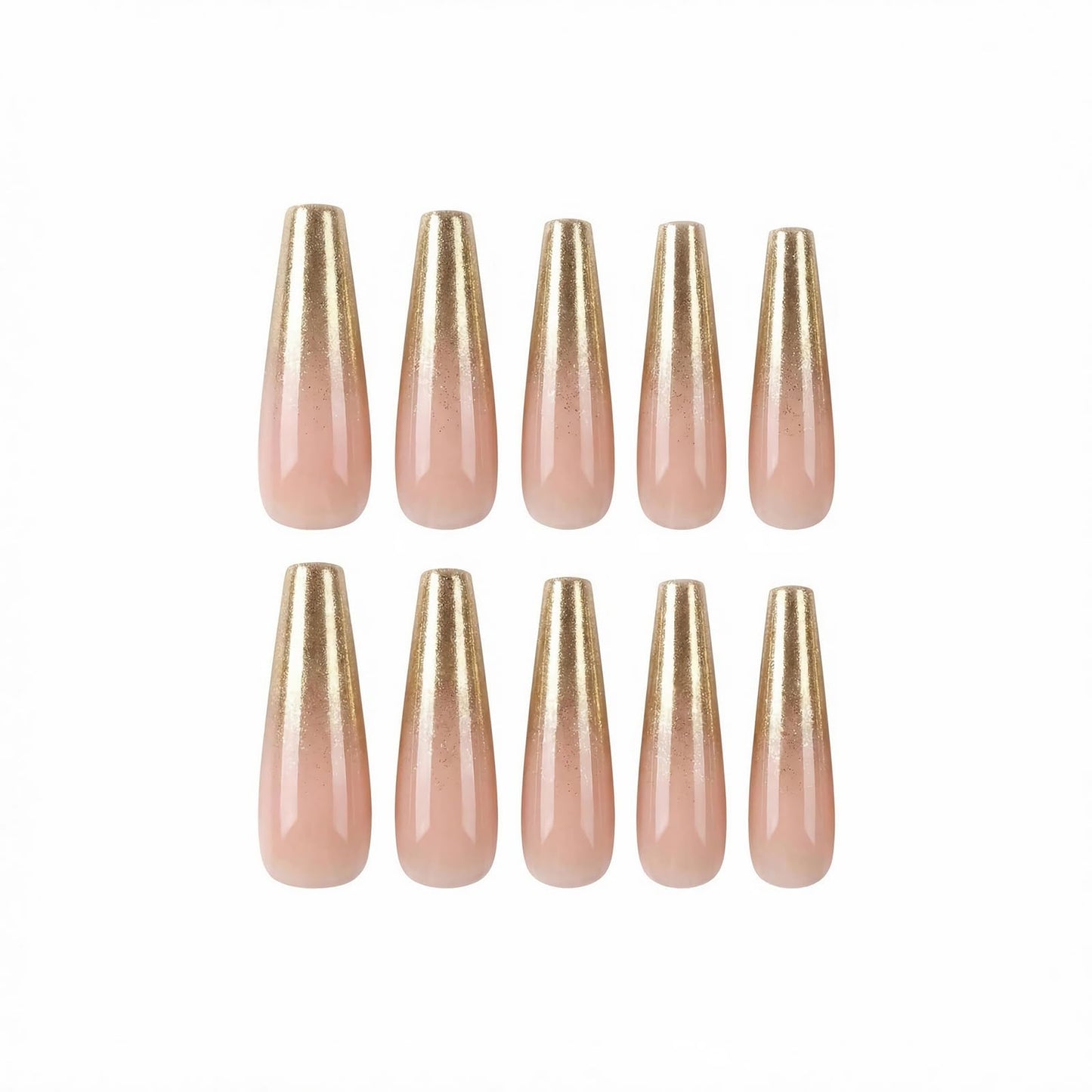 MISUD Press on Nails - Long Coffin Fake Nails with Nude Gel, Acrylic Bling Gold Glitter Design 24 pcs