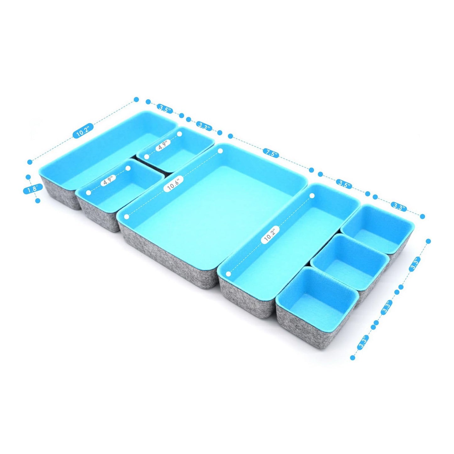 Welaxy Drawer organizers bins dividers storage trays shallow organizing box for office supplies makeup nightstand catchall key holder cozy room decor 8-piece (Baby blue)