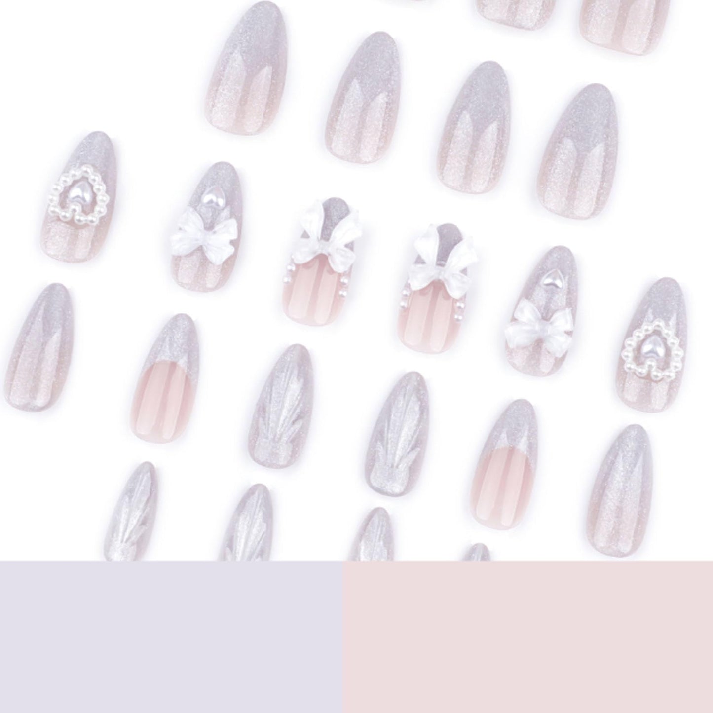 Hkanlre Medium Flower Press on Nails Pearl Rhienstones Fake Nails Tips Full Cover Almond False Nails for Women 24PCS