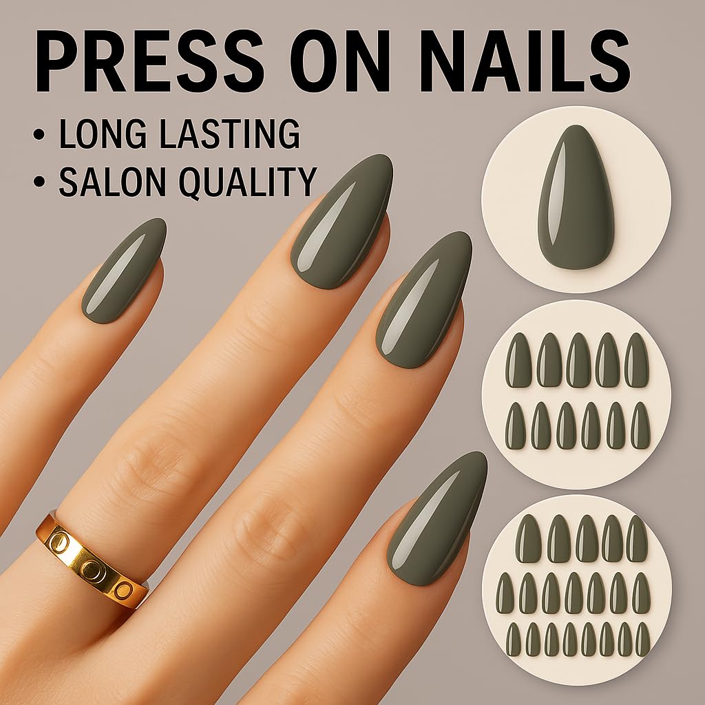 Glossy Slate Color Press On Nails – Almond Shape, Medium Length, 24 PCS Fake Nails with Nail File & Glue Tabs, Reusable ABS Material