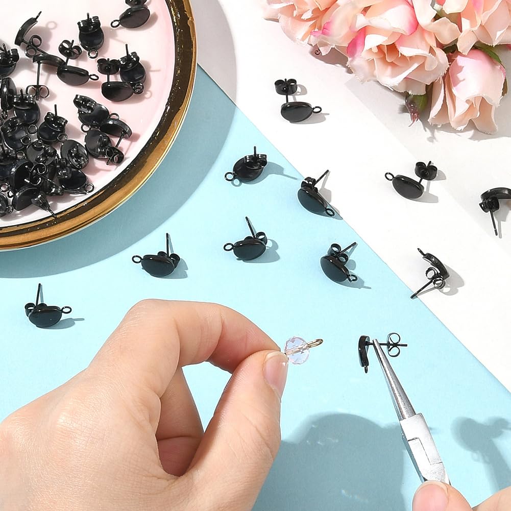 Beebeecraft 1 Box 50Pcs Flat Round Ear Studs 304 Stainless Steel Black Stud Earring Findings for Women Earring Making Supplies