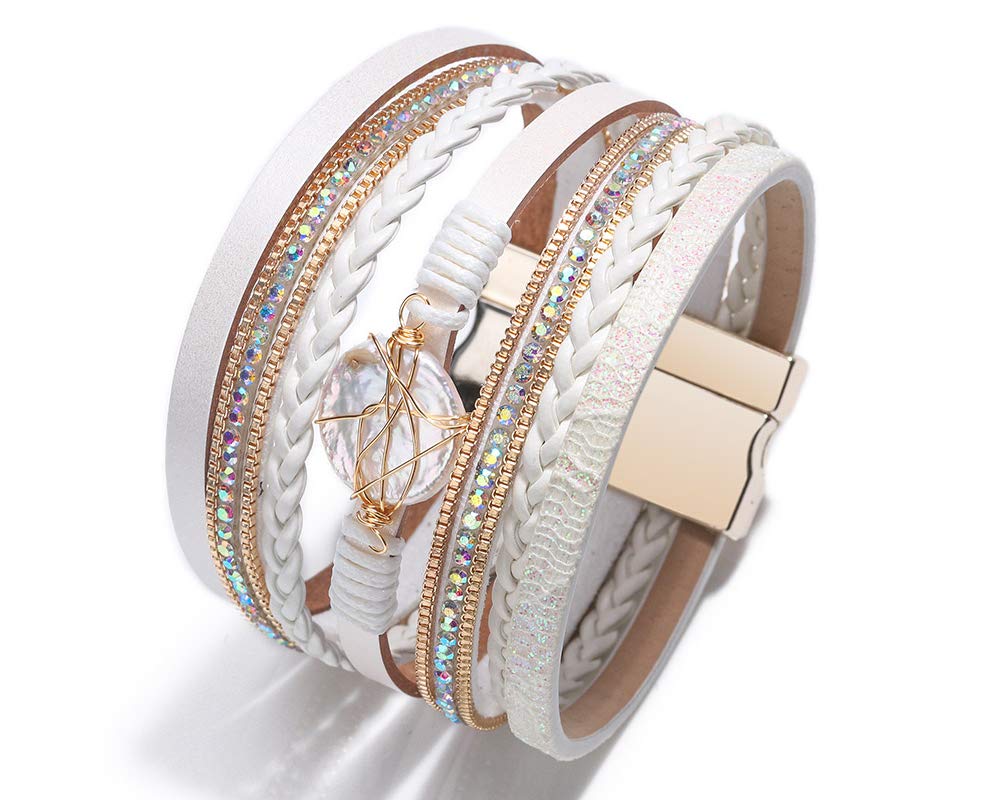 Leopard Bracelet for Women, Boho Leather Wrap Multi-Layer Pearl Crystal Bracelet Bangle Jewelry(Round Pearl(White))
