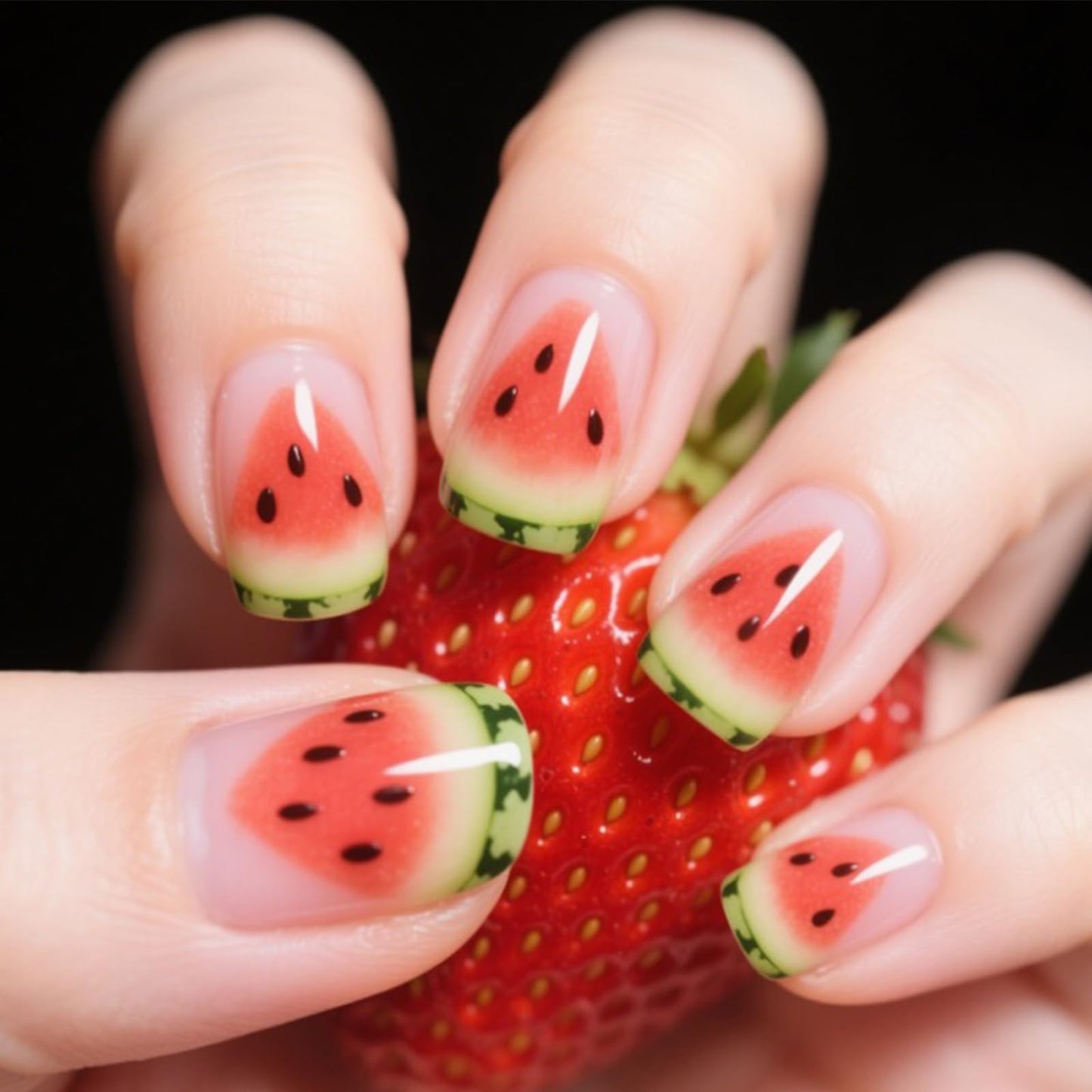 Summer Press on Nails Medium Square Watermelon Fake Nails with Cute French Tips Design Acrylic False Nail Glossy Full Cover Stick on Nail Reusable Artificial Glue on Nails for Women 24Pcs
