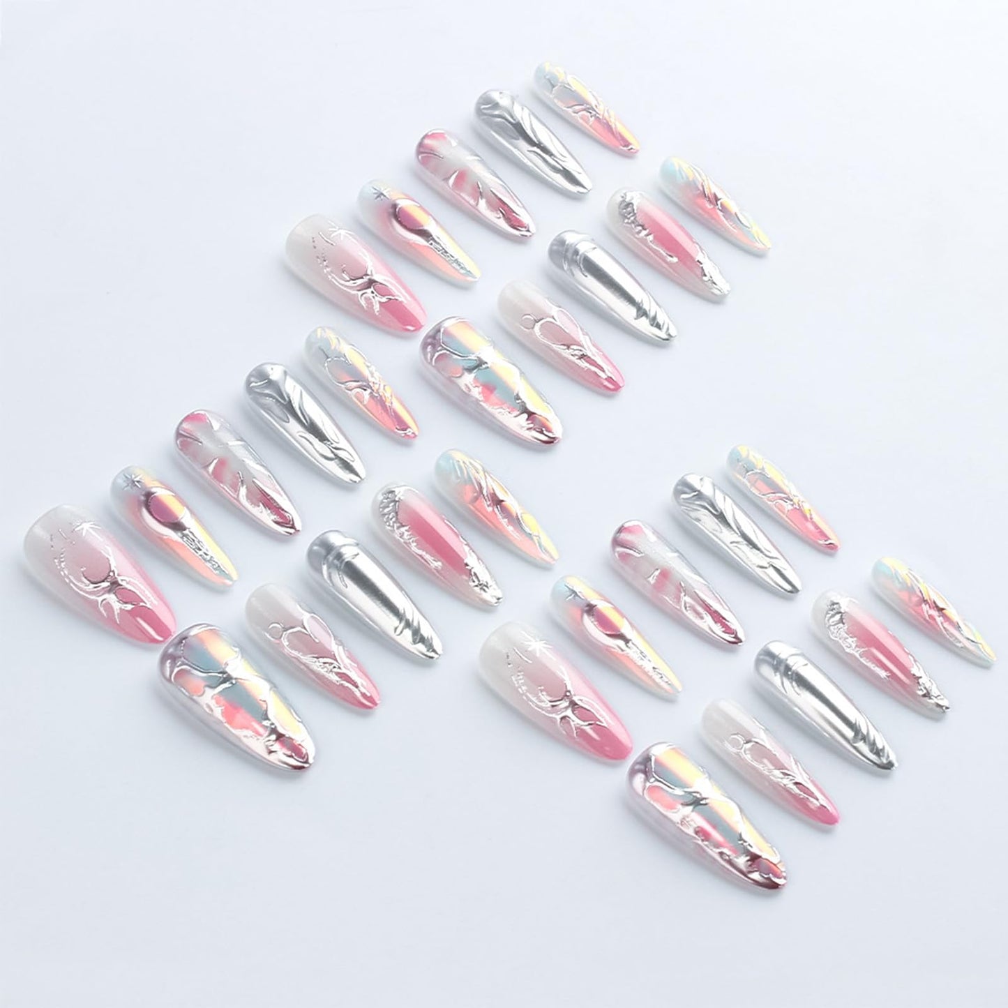30 Pcs 3D Love Heart Press on Nails Stars Acrylic Fake Nail Moon Gel Glue on Nail Valentines Almond Medium False Nails Glossy Pink Glitter Gradient Stick on Fingernails for Women Valentine's Gift