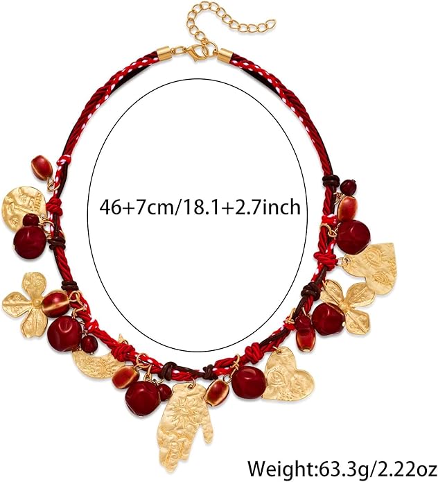 Bohemian Evil Eye Necklace for Women, Gold Plated Moon and Heart Pendant with Red Beaded Chain, Unique Charm Jewelry Gift(N9)