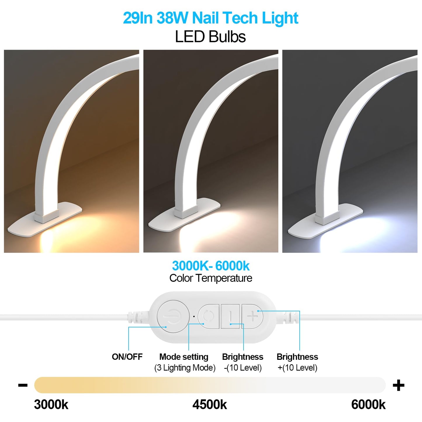 Kadden Foldable Large Half Moon LED Light,29" Arch Light for Table Nail Desk with Phone Stand, Upgrade Arch Light for Nail Techs with Wire Controller for Manicure Tattoo Beauty (White, Large)