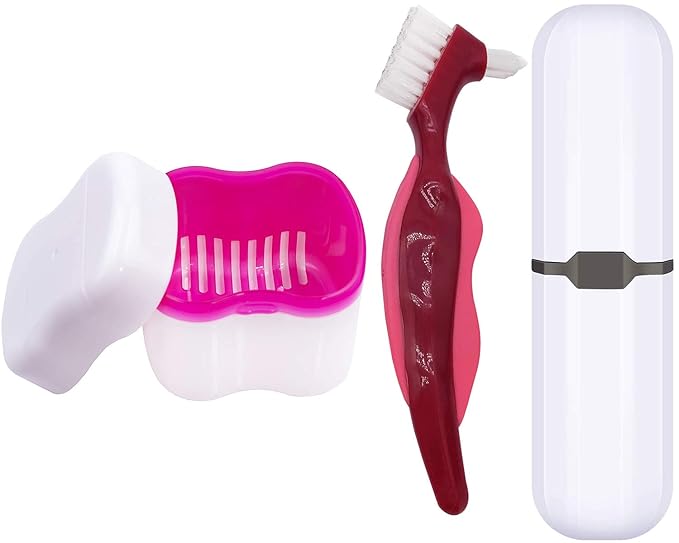 Denture Case,Denture Cups Bath, Toothbrush with hard denture, Dentures Container with Basket Denture Holder for Travel,Mouth Guard Night Gum Retainer Container (Pink)