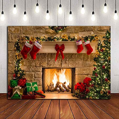 Fireplace Holiday Photography Backdrop Photo Booths Studio Props Vinyl 7x5ft Christmas Stocking Tree Photo Background Winter Xmas Birthday Party Decorations Baby Shower Supplies - size: 7x5ft