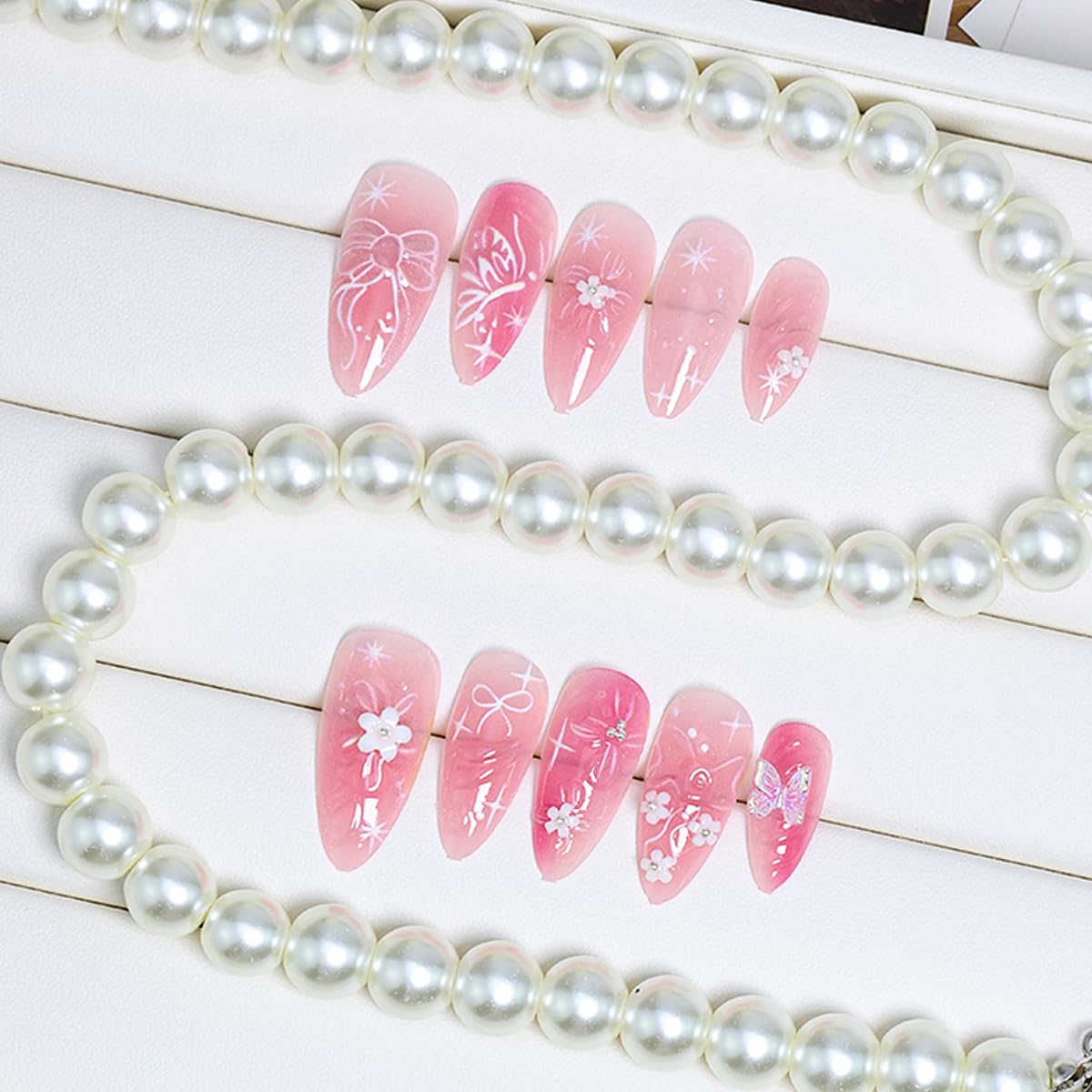 BMKKOT 24Pcs Pink Almond Nails-12: 3D Flower Acrylic Nails, Butterfly Bow, Water Ripple Design, Glossy Finish, Full Cover Nail, ABS Material, Almond Shape, Press-On False Nails