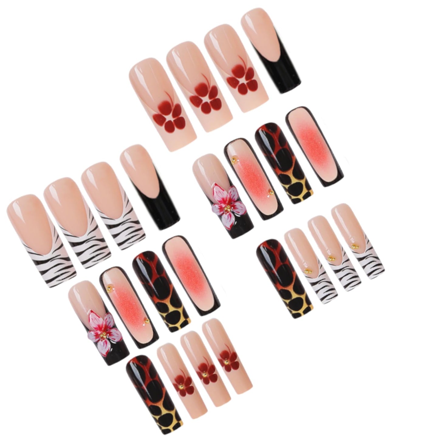 FORBELOVED NAILS,French Tip-Line Zebra Press On Nails,Long Square Glue On Nails,Shiny 3D Flower With Gradient Blush Design False Nails For Women And Girls,12 Sizes-24Pcs with Glue,(Black),FOB