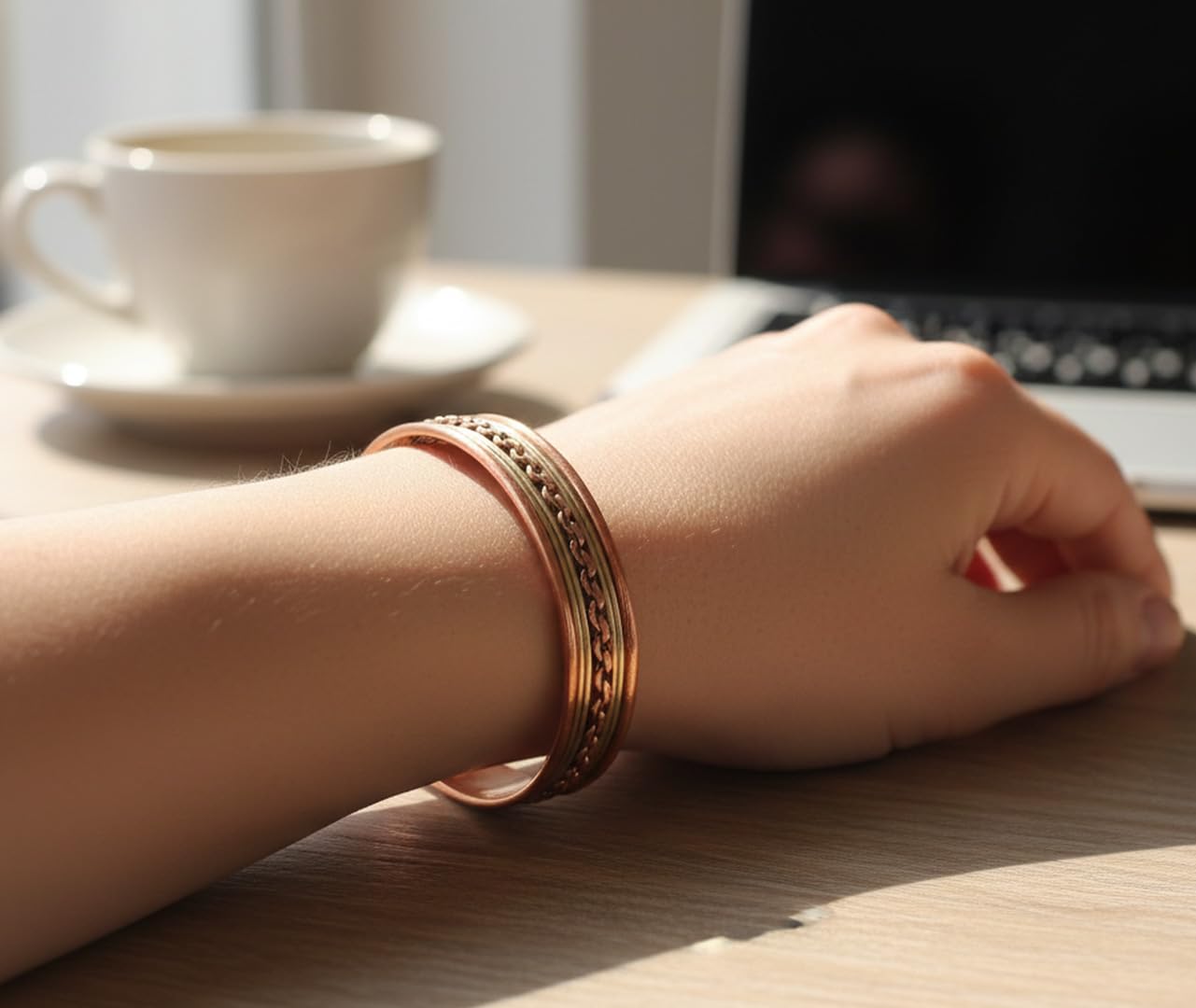 Touchstone Copper Magnetic Hand Forged With Solid And High Gauge Tibetan Style Chains Pattern Minimalistic Elegance Pure Copper Bracelet In Two Tones.