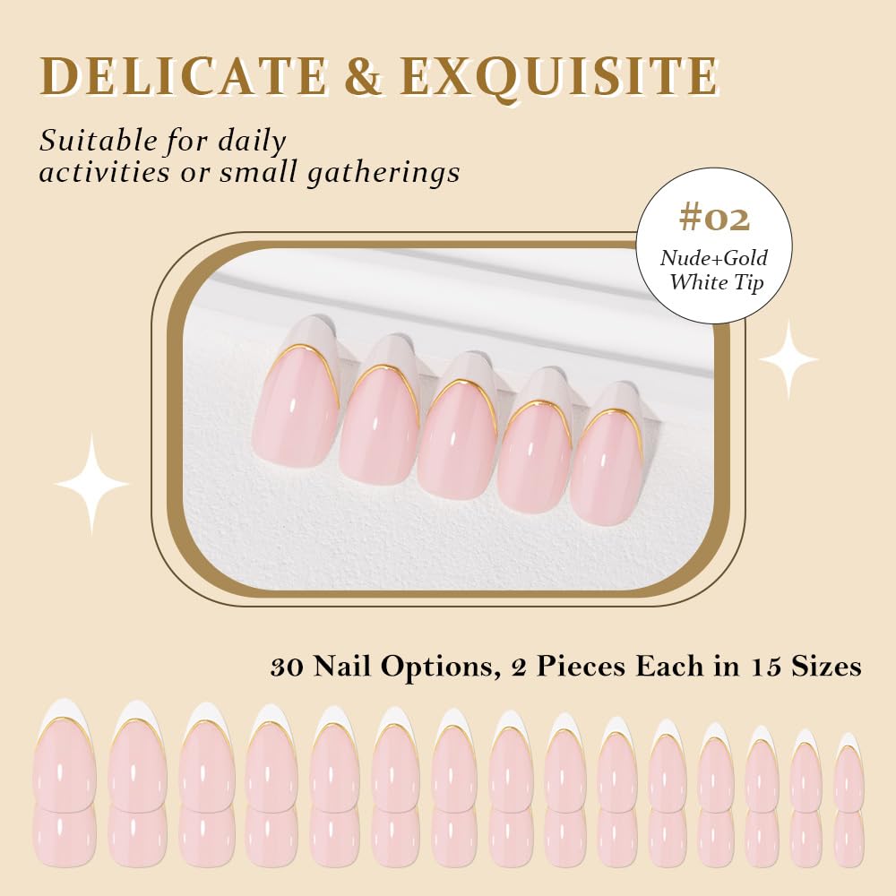 evpct French Tip Press On Nails Almond Medium, Nude Pink + Gold Line & Wihte Tips, Medium Almond Fake False Press on Nails, Soft Gel Stick on nail Press ons with Nail Kit, Reusable Salon Quality