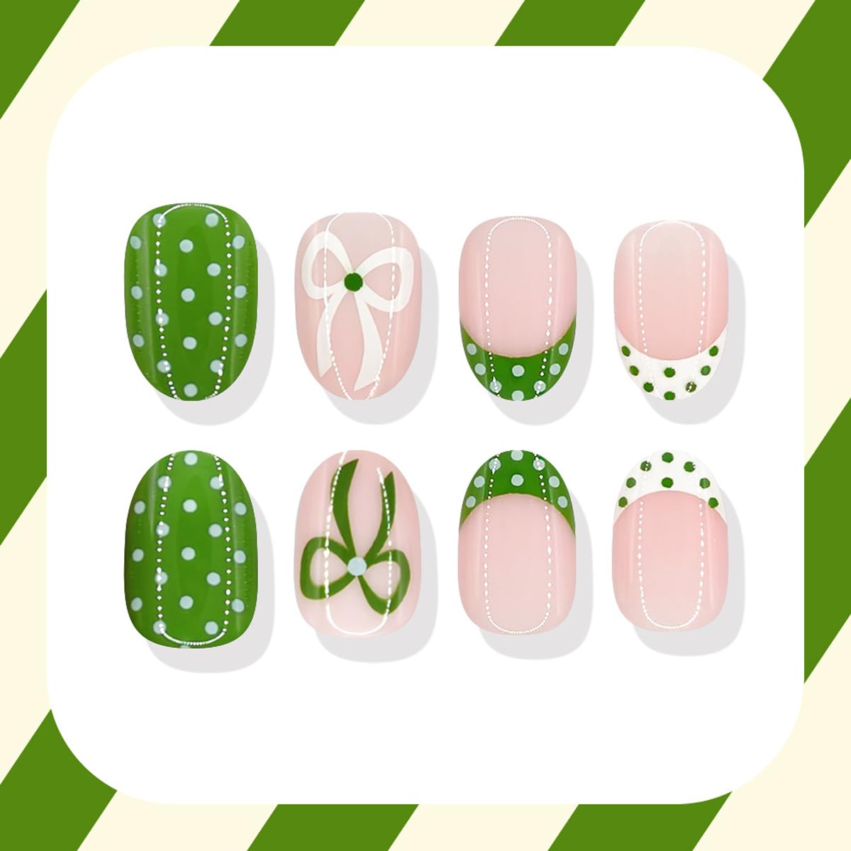 Green Press on Nails Short Oval Fake Nails Cute Spring French Tip Nails Press ons with Polka Dots,Bow Design,Reusable Artificial Nail Full Cover Stick on Nails for Women Manicure 24Pcs