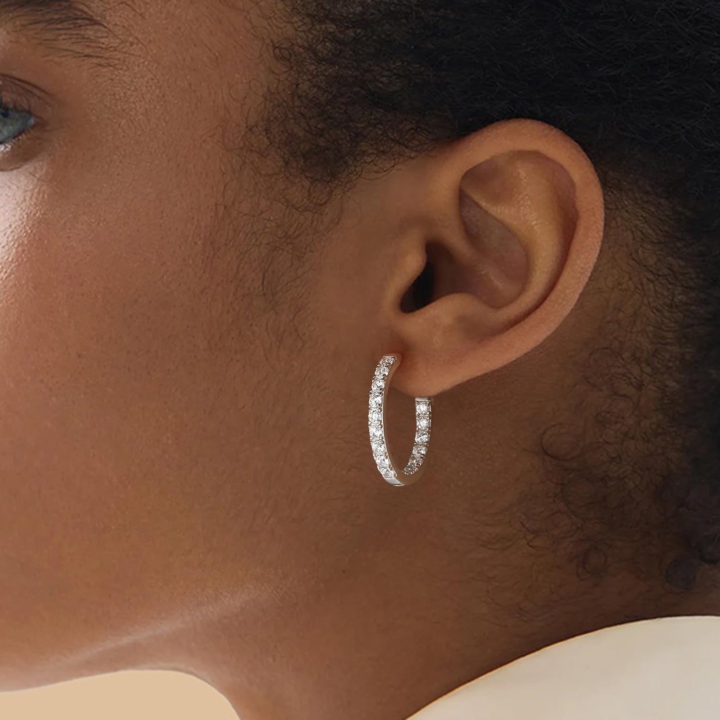 925 Sterling Silver Medium Hoop Earrings Shiny Round Cubic Zirconia Earring Hoops for Women