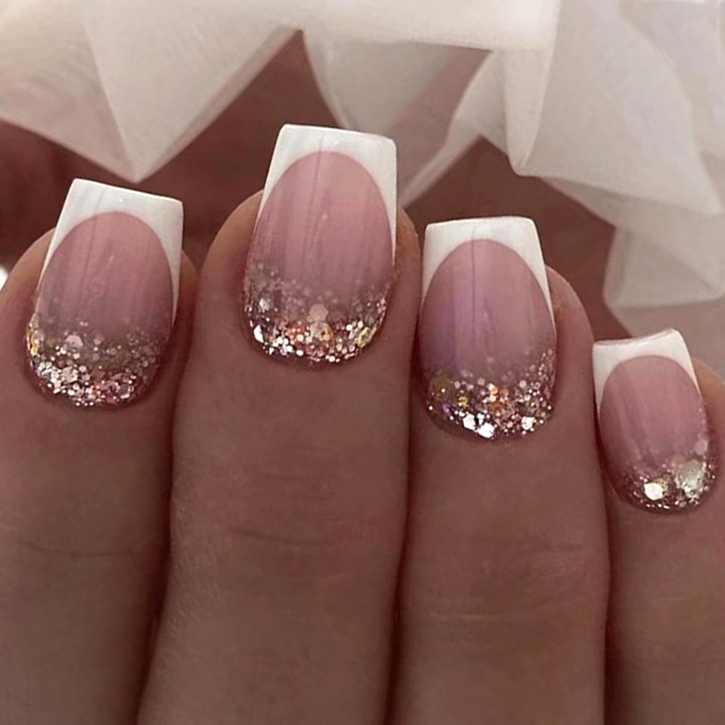 White French Tip Press on Nails Short Square Fake Nails with Glitter Designs Simple Nails Press ons Glossy Glue on Nails Artificial False Nails Natural Stick on Nails for Women 24Pcs