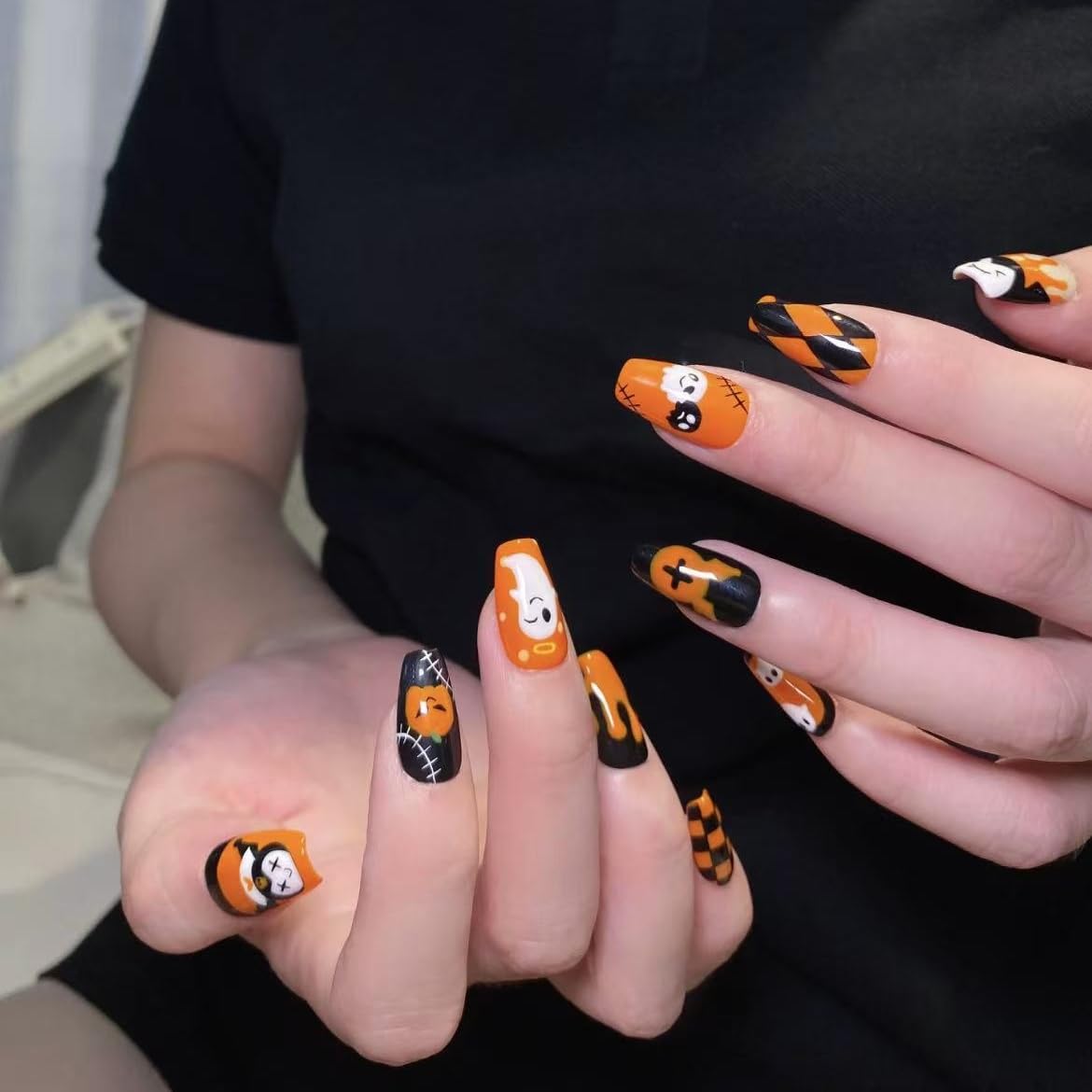 10pcs Halloween Press on Nails Handmade Press on Nails Ghost Pumpkin Bat Design Nails Halloween Full Cover Cute Stick on Nail for Woman Tool Kit Nail (MT-157-M)