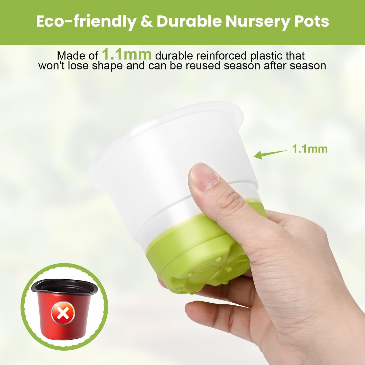 Sckee Clear Nursery Pots for Plants, 30 Packs Plastic Seed Starting Pots with Drainage Holes Plant Nursery Pots Silicone Base (Light Green, 4 inch with lids)