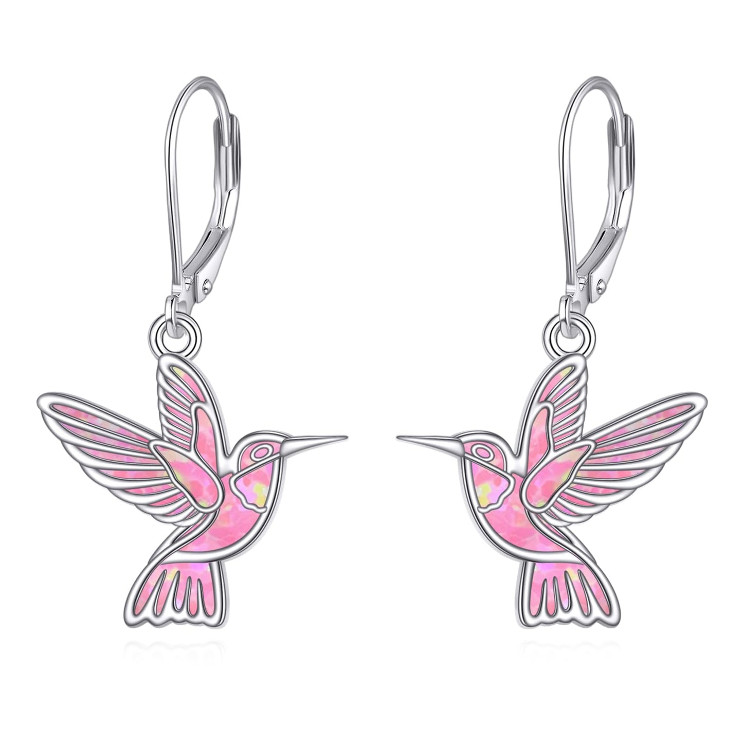 Hummingbird Dangle Earrings 925 Sterling Silver Bird Earrings for Women Bird Earrings (Pink Opal Hummingbird Earrings)