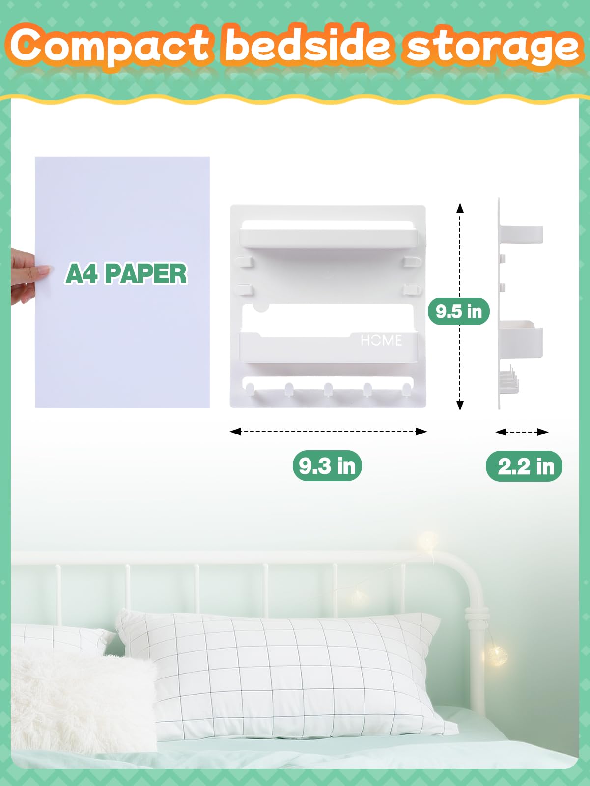 Bedside Wall Organizer Shelf for Bedroom Accessories - Adhesive Bedside Caddy Storage with Cable Clips, Teen Room Decor Essentials
