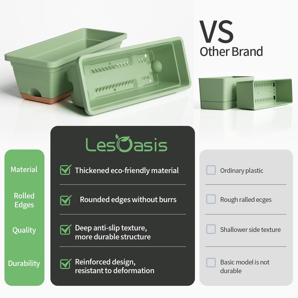 LESOASIS Window Box Planter, 6 Pack Plastic Vegetable Flower Window Planters Boxes 16 Inches Rectangular Flower Pots with Drainage Holes and Saucers (Green)