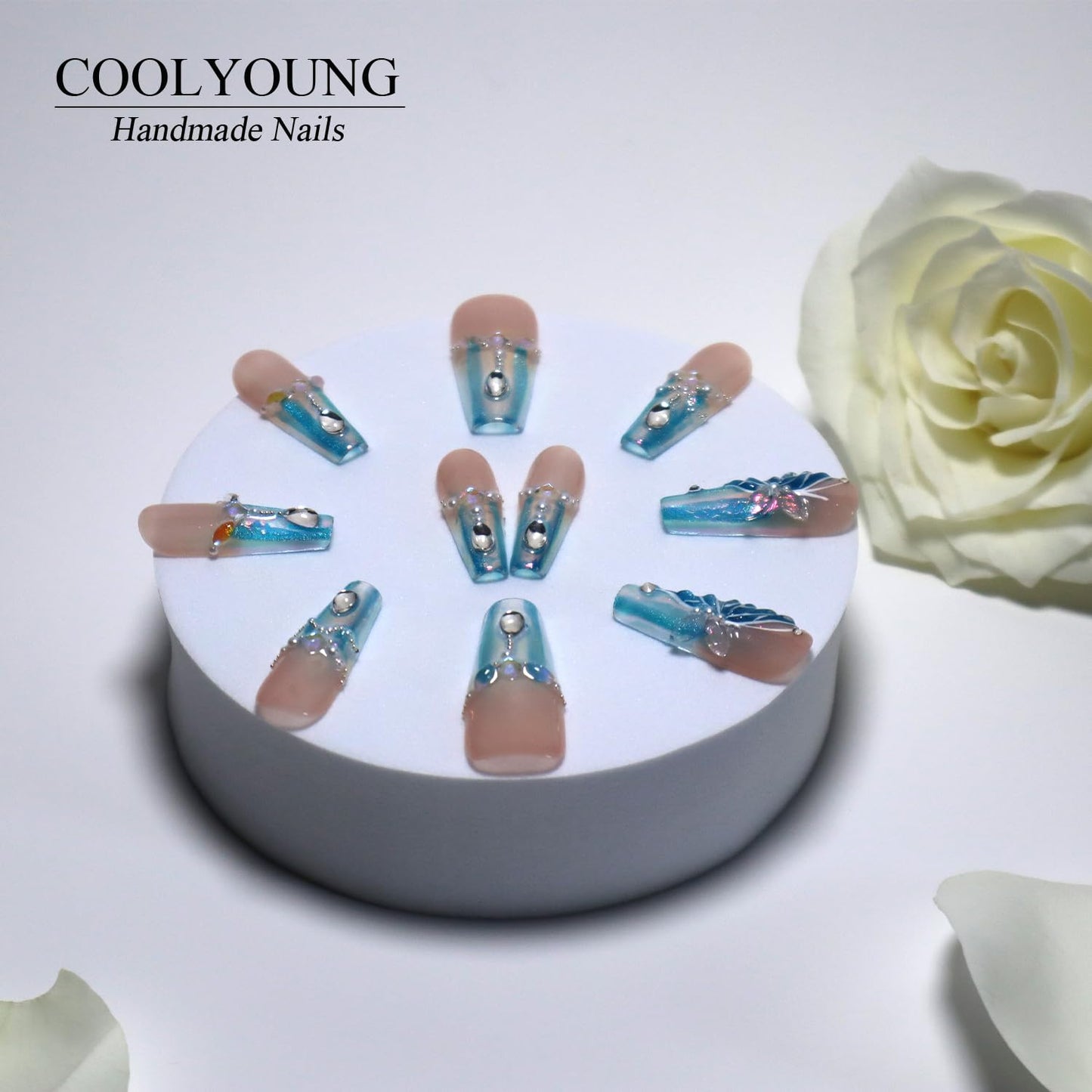 Homemade Nails Coffin Nails Press Ons 3D Press On Nails Nails Press Ons Blue Press On Nails French Tip Press On Nails Medium Length Press On Nails Gifts For Women COOLYOUNG Nails, 10 PCS, Size L