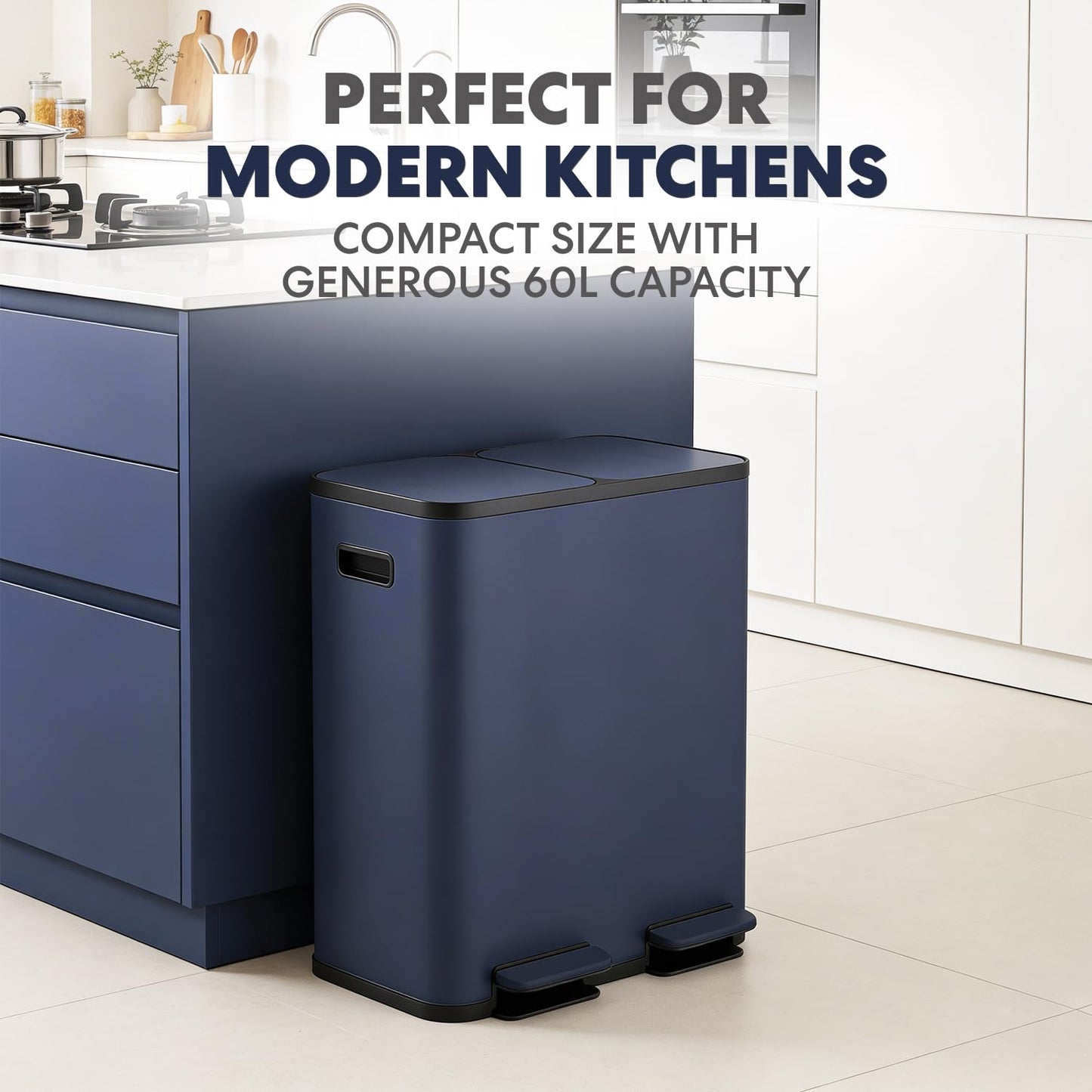 Simpli-Magic 60 Liter / 16 Gallon Rectangular Hands-Free Dual Compartment Recycling Kitchen Step Trash Can with Soft-Close Single Lid, Stainless Steel (30L x 30L Capacity) Blue