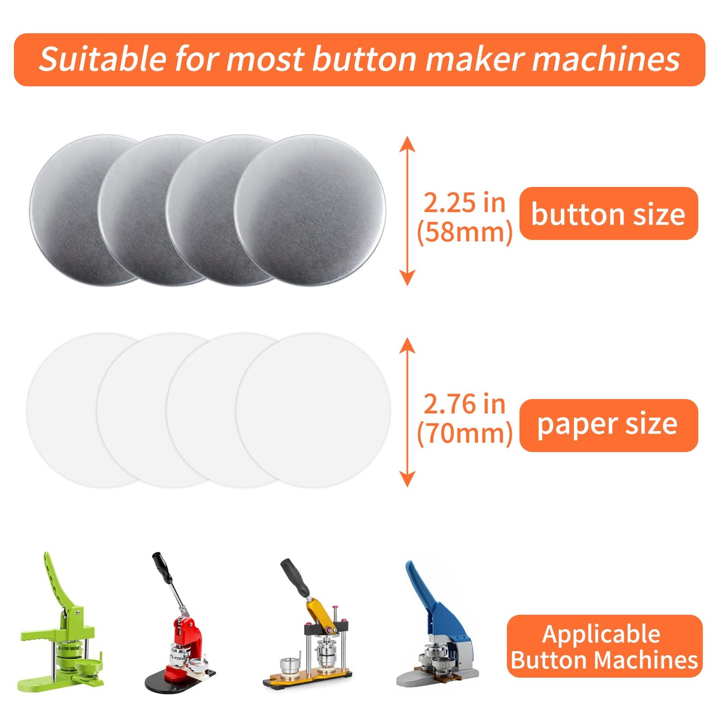 200 Sets 58mm/2.25 inch Button Maker Supplies, Pin Back Button Parts for Button Maker Machine 58mm, Including Metal Covers, Plastic Back Covers, Clear Plastic Film&Blank Paper