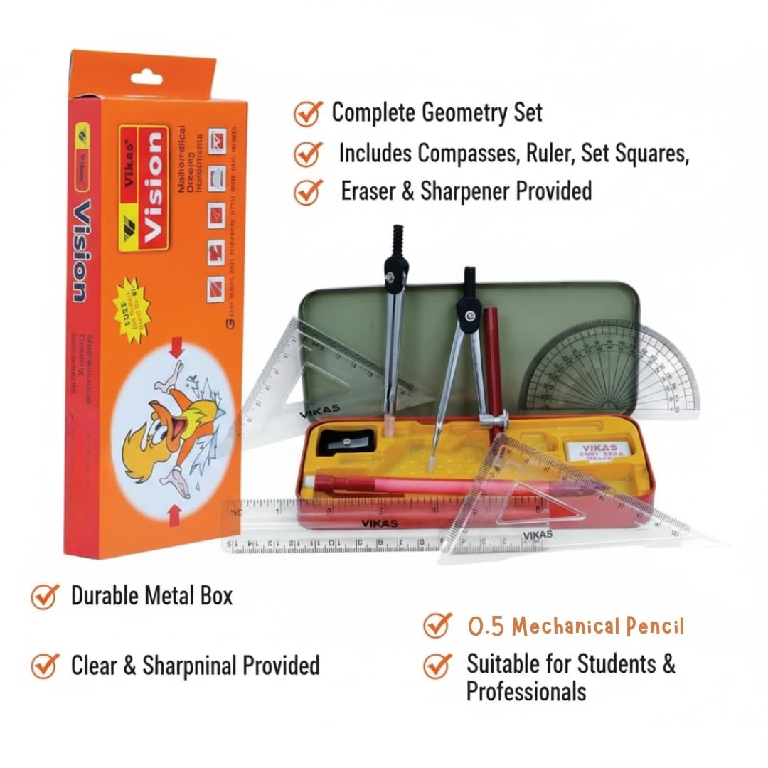 Vikas Vision + Geo World Geometry Box Combo | Metal Geometry Boxes with Full Math Instrument Kit | Ideal for Class 4–12 & Engineering Students | Exam-Ready School Combo Set