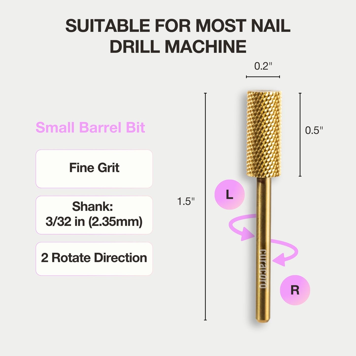 Curacoro Nail Drill Bits 3/32'' - Small Barrel Carbide Bit (Fine) for Professional Finish, Gently Remove, Buff & Polish Gel Nails, Nail Art Pedicure Manicure Salon & Home