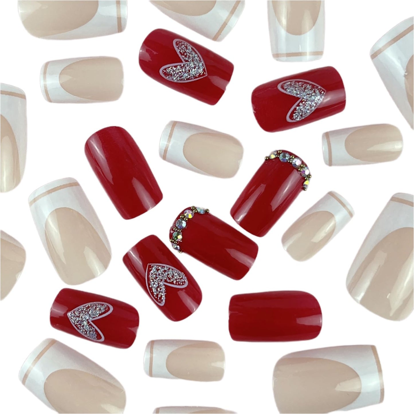 Heart Press on Medium Square Artificial Acrylic Nails Love Heart False Nails Glitter Rhinestones Design White French Fake Full Cover Glossy Reusable Coffin Glue on Nails for Women